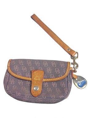 Dooney & Bourke Vintage Brown Fabric Monogram Wristlet with Tan Leather Trim‎